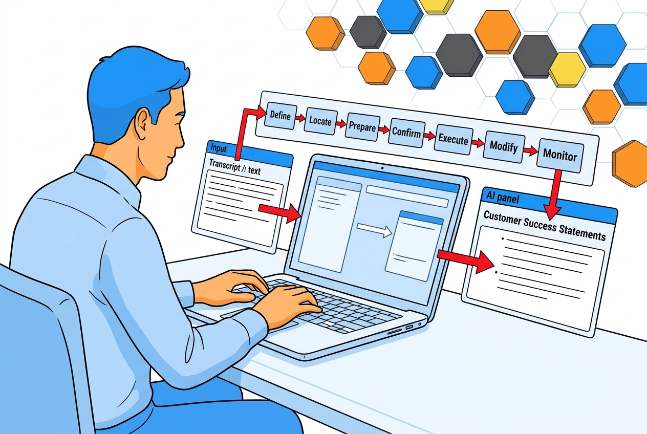 Person mapping a customer transcript into a structured JTBD job map using Job Mapper Express