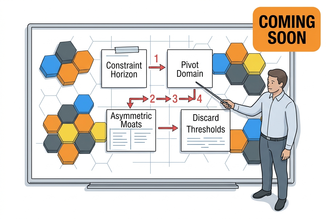Strategy blueprint diagram showing constraint horizons, pivot domains, asymmetric moats, and discard thresholds